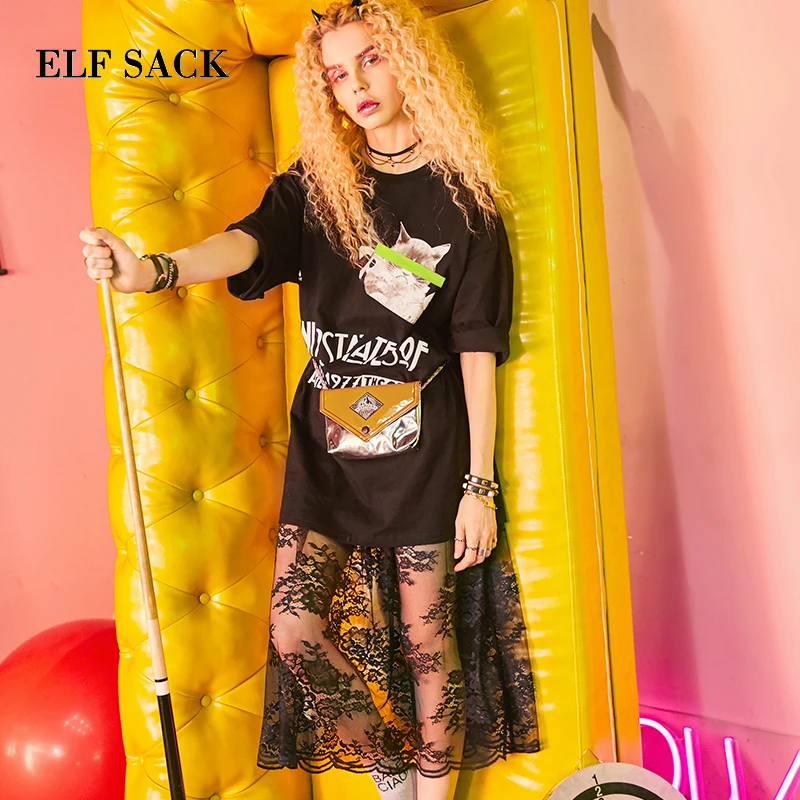 Женское длинное кружевное платье ELF SACK черно-белое платье-рубашка с принтом кошки