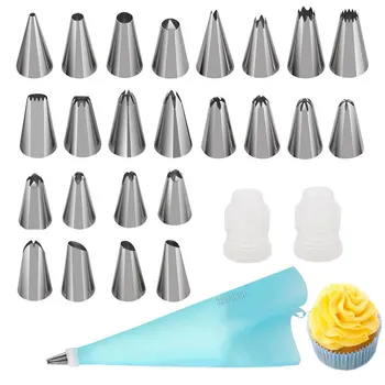 

27pcs Cake Decoration Tips Set, 24Pcs Stainless Steel Pastry Nozzles Piping Dispenser Nozzle Kit + Reusable Silicone Pastry Bag