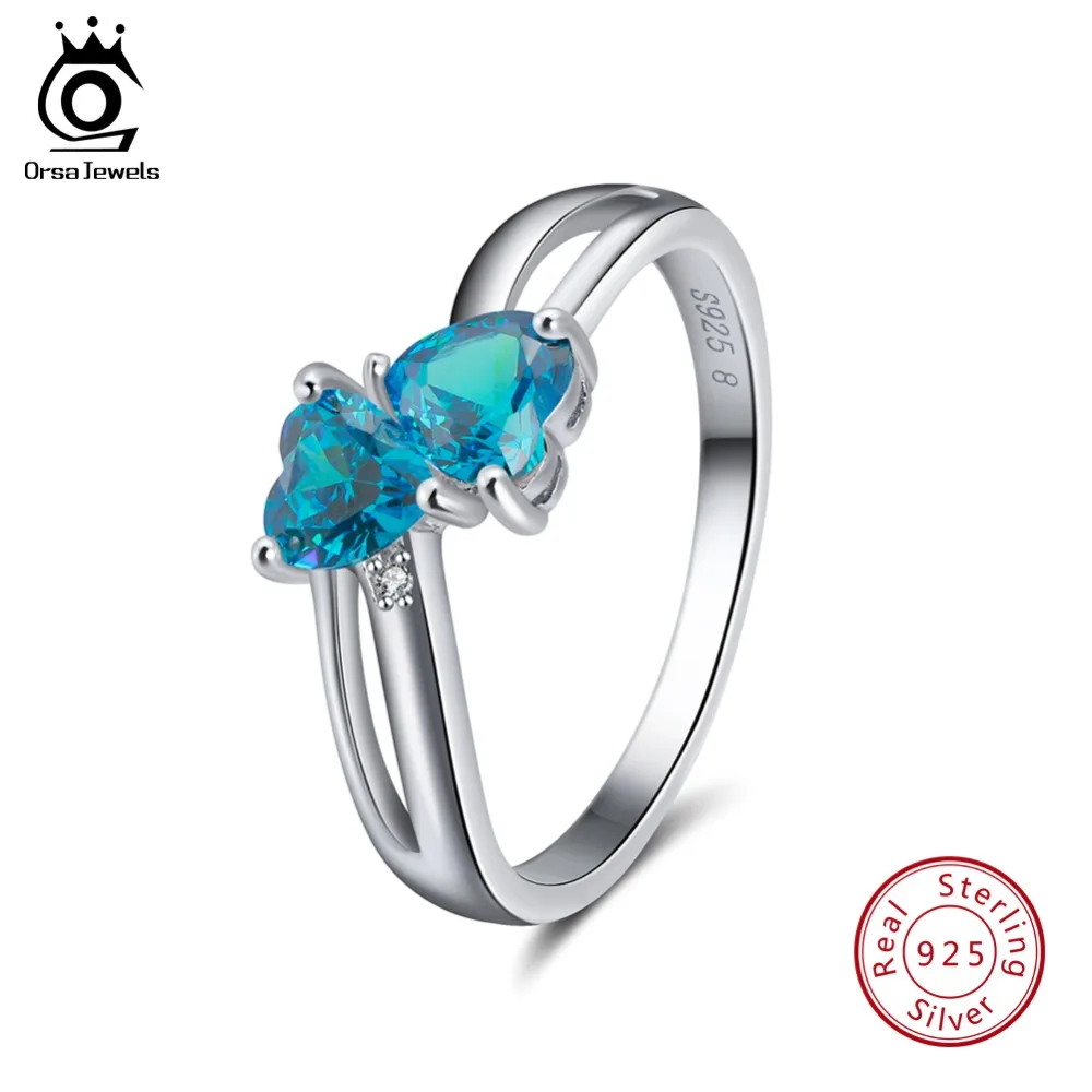 ORSA JEWELS Real 925 Sterling Silver Women Rings Romantic Double Heart Design AAA Blue Cubic Zircon Fashion Ring Jewelry SR58-L