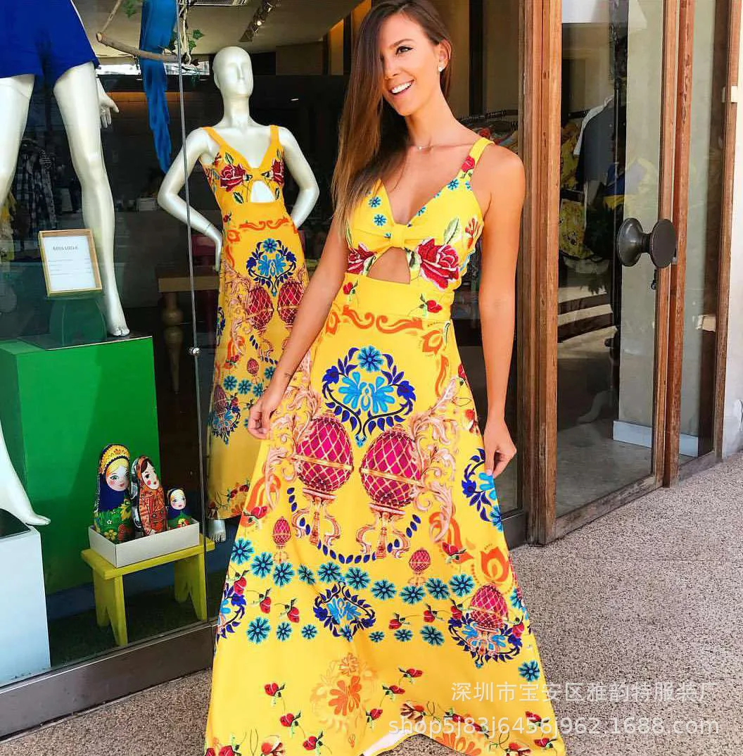 

Printing V Neck Bohemian Maxi Dresses for Women Long Casual Summer Beach Dresses Spaghetti Strap Sleeveless Vestidos
