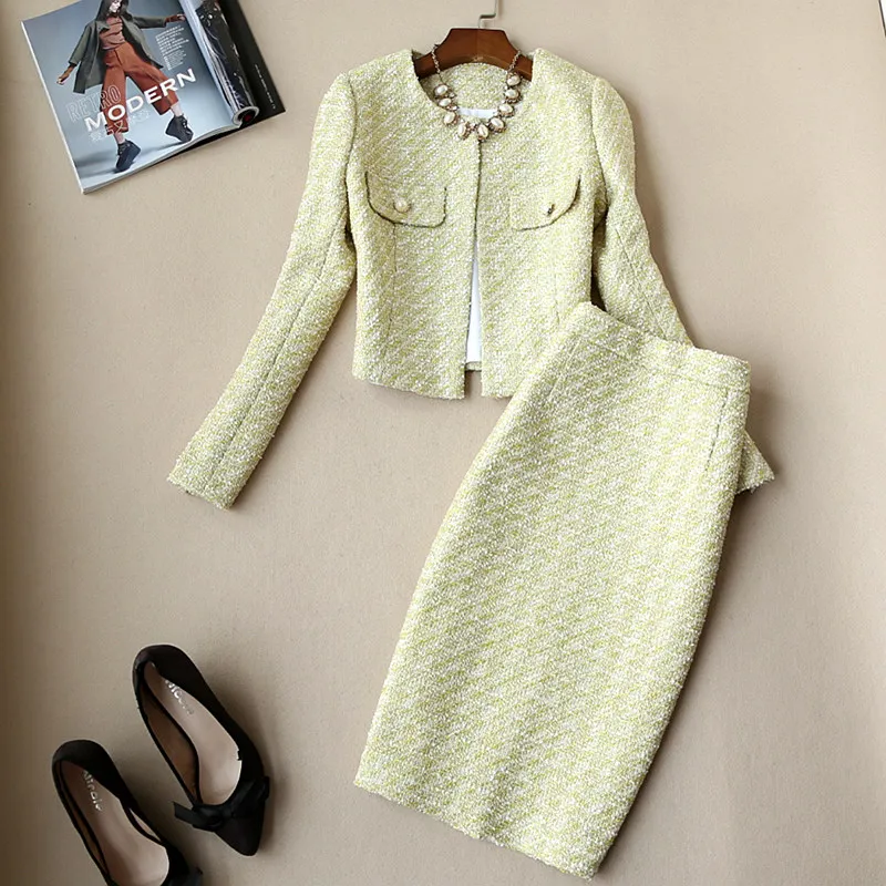 

High Quality women's Pencil Skirt Suit New Fashion women's suits Long Sleeve elegant tweed jacket and skirt two piece set