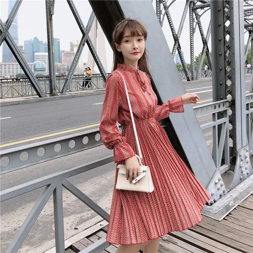 Autumn Long Sleeve Chiffon Korean Women Dress Fashion Temperament Print