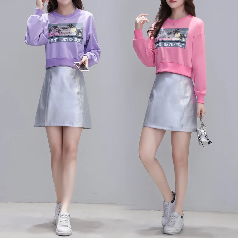 

Harajuku fashion scenery letter print women hoodies + High wasit leather A-Line mini skirt women two piece autumn