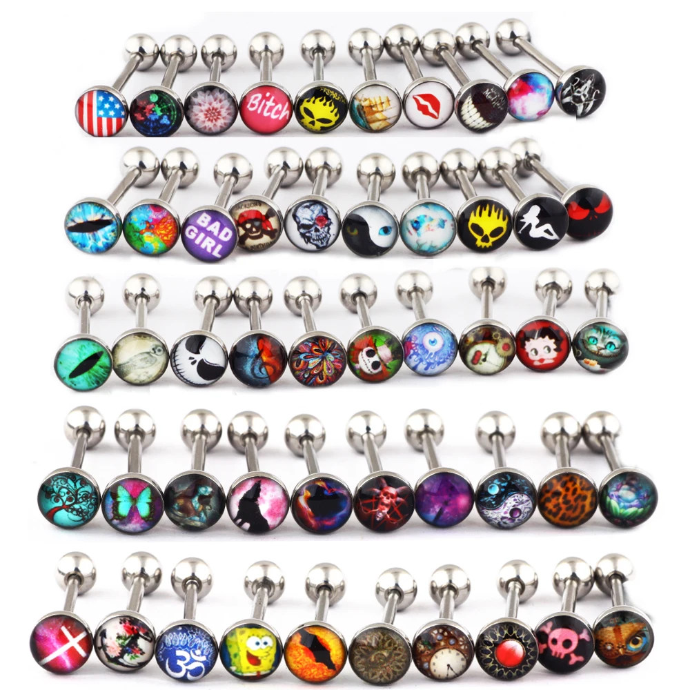 

TIANCIFBYJS Surgical Steel Metal Lot of Logos Tongue Rings Straight Barbells Ear Body Piercing Jewelry 14g - Length 5/8" or 16mm