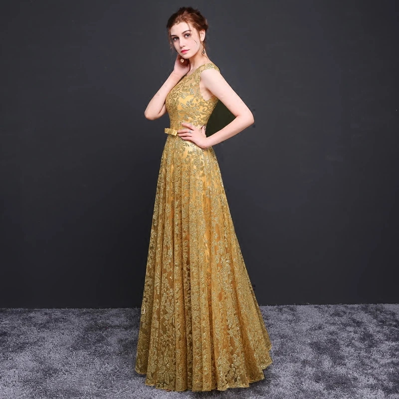 Ruthshen длинные блестящее платье-футляр, расшитое золотистым кружевом Vestidos De Выпускные вечерние платья Иллюзия Vestido Fiesta платья для выпускного бала