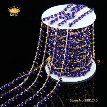 

5Meters Wire Wrapped Transparent Lapis Blue Faceted Glass Chains,3x4mm Cut Rondelle Glass Pated Gold Links Rosary Chains HX102