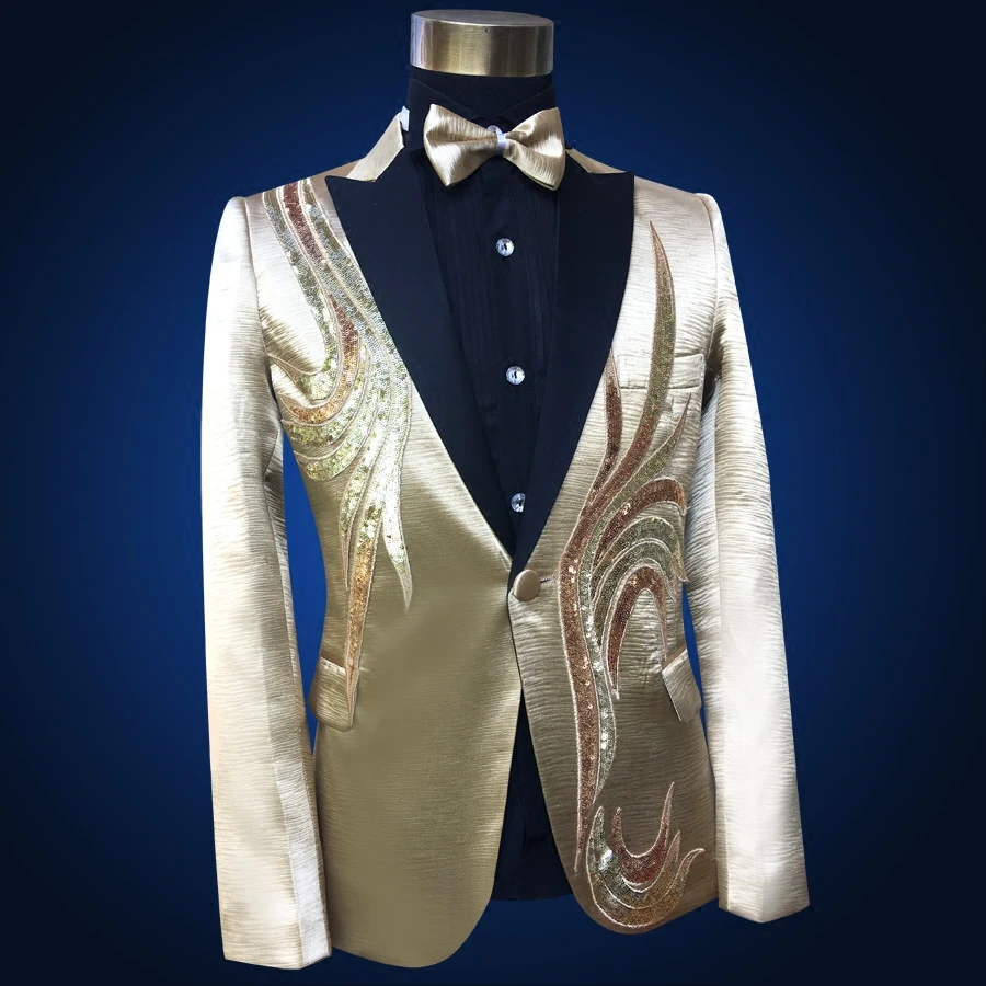 2018 Для мужчин с золотыми блестками куртка брюки Свадебный костюм комплект тонкий этап певица Производительность вечерние костюм блейзеры