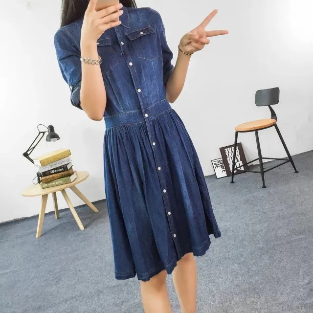 Three Quarter Sleeve One-Piece Denim Dress | Uniqistic.com