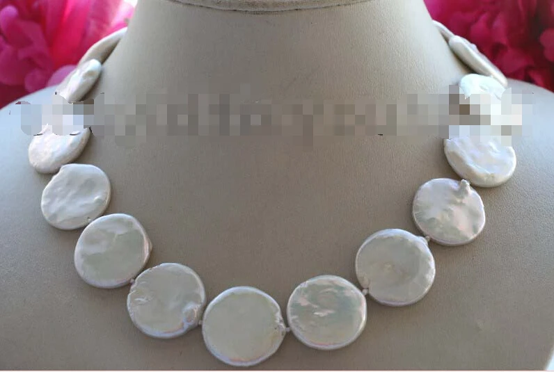

FREE SHIPPING luster 17.5" Genuine Natural 22mm white Coin Pearl Necklace 14KGP #f1990!