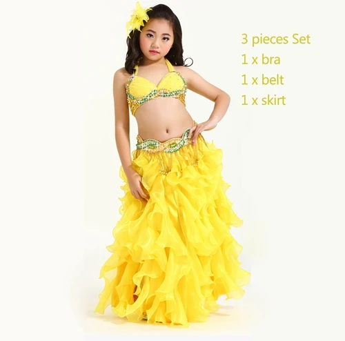 Gold bra belt skirt Высший сорт детская одежда для танца живота 3 шт Восточный костюм бюстгальтер, пояс, юбка девушки набор костюма для танца живота Профессиональный - Цвет: Gold bra belt skirt