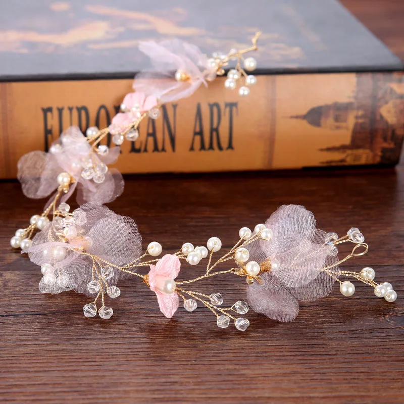 Girl Pink Pearl Flower Headbands Handmade Golden Wire Floral Women Hairband Headpiece Wedding Bridal Hair Jewelry Accessories SL