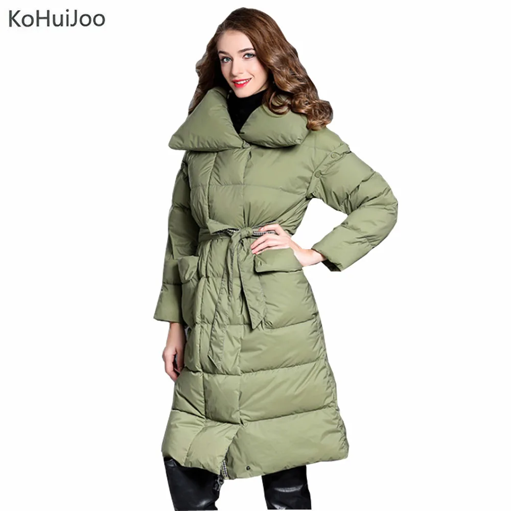 

KoHuiJoo Green Winter Feather and Down Parkas for Women Plus Size Belt Fashion 2 wears Long Duck Down Jackets Female Overcoat