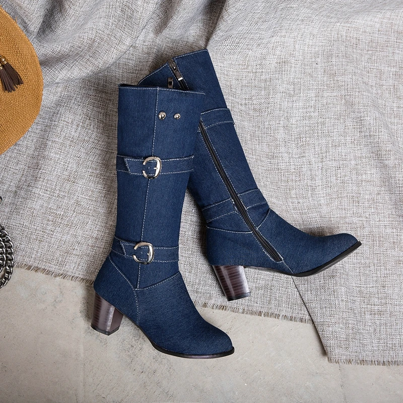 ASILETO/Большие размеры 34-46, ковбойские пинетки в западном стиле на квадратном каблуке, на молнии, с пряжкой, джинсовая обувь сапоги до середины икры женские остроконечные сапоги, botas mujer