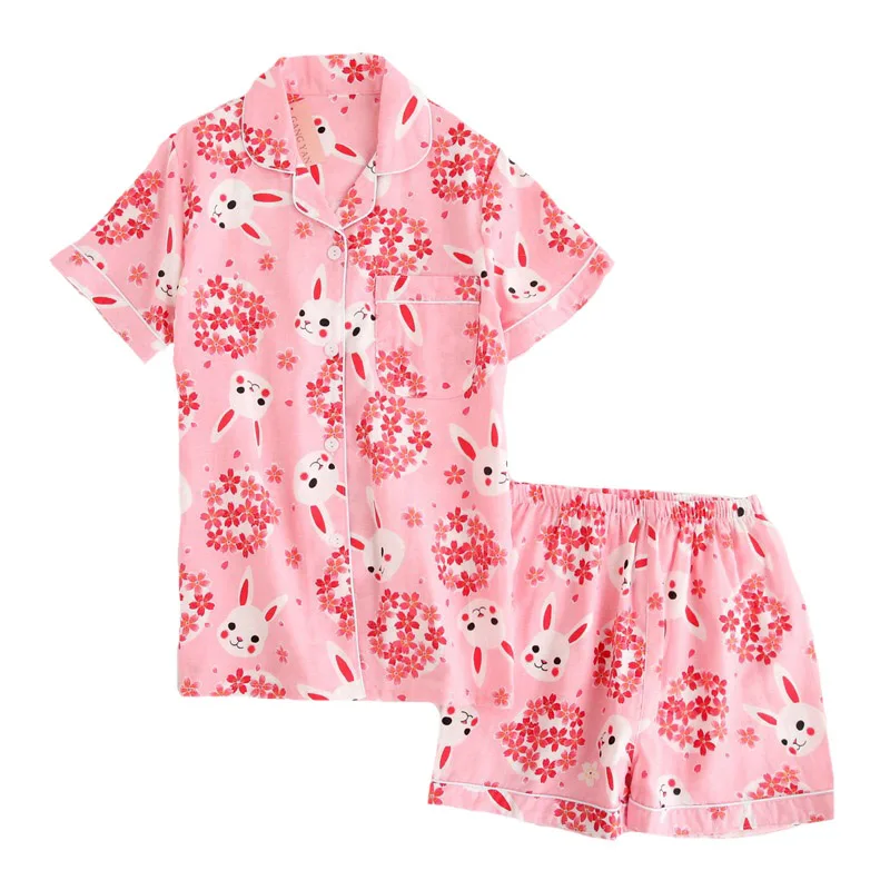

Spring New Female Cartoon Rabbit Printed Pajamas Set Cotton Short Sleeve+Shorts Turn-down Neck Household Wear With Large sizes