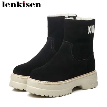 

Lenkisen natural leather round toe winter keep warm snow boots british school med heels platform metal zipper mid-calf boots L67