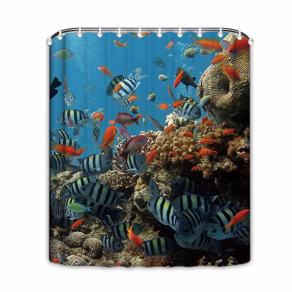 Sea World Shower Curtain Marine Fish Shower Curtain for Bathroom Blue