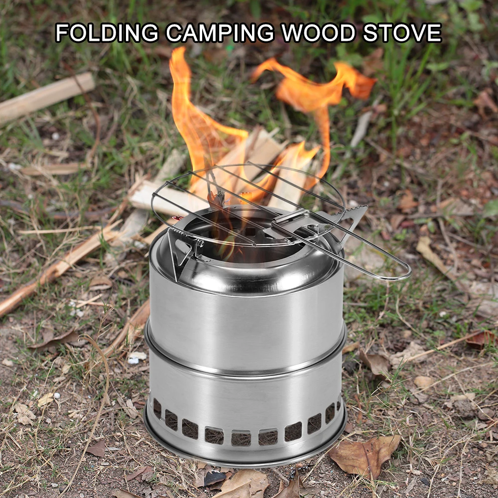 Outdoor Folding Camping Stove Cooking Wood Burning Stove with Alcohol Tray D6E9