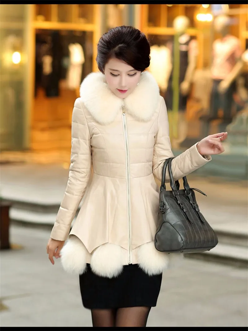 Модная зимняя куртка размера плюс, Женская куртка из искусственной кожи, меховой воротник средней длины, Осень-зима, пуховик и пальто GQ1703 - Цвет: beige
