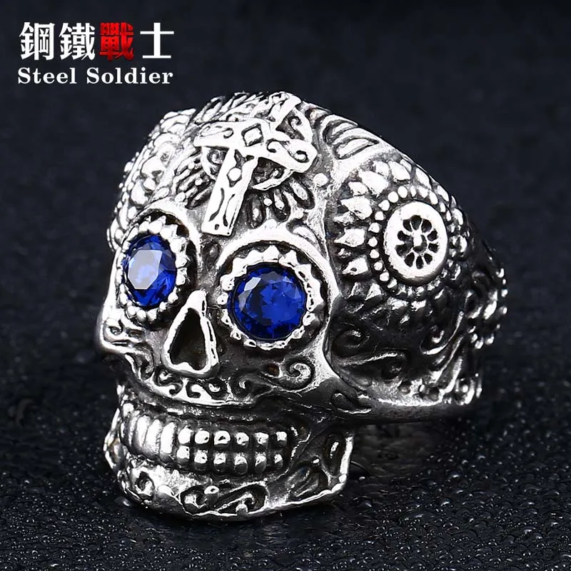 Прямая, мужское кольцо с черепом из нержавеющей стали в стиле хип-хоп, ретро, панк, байкерские ювелирные изделия - Цвет основного камня: blue stone