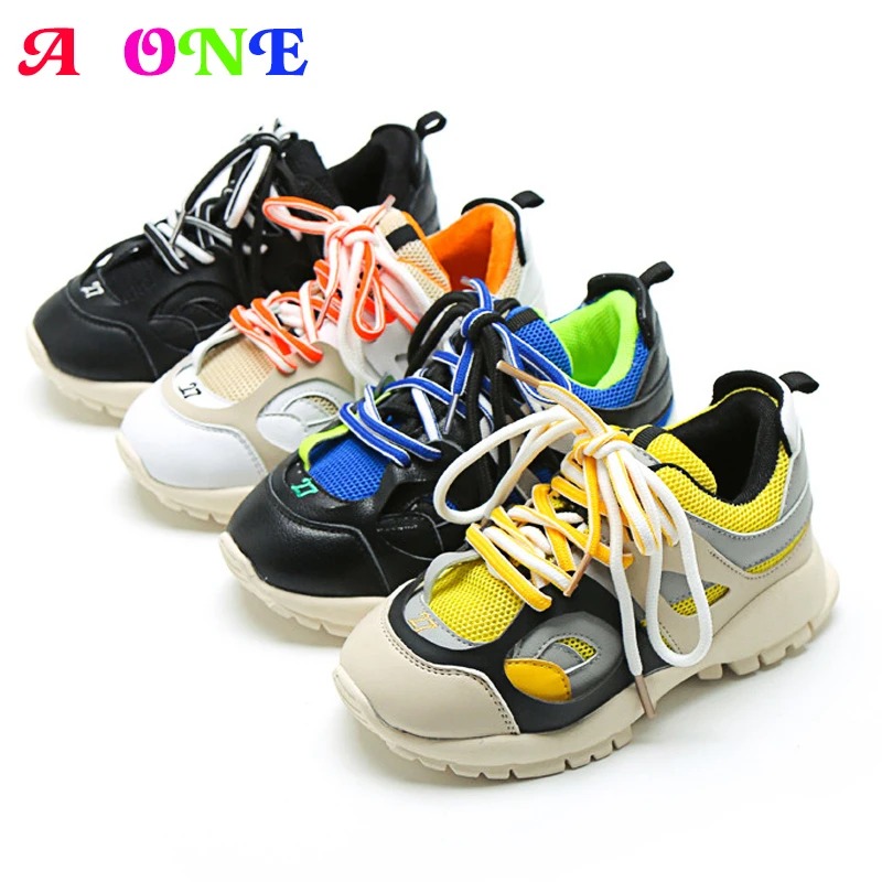 أحذية أطفال الربيع الصيف الفتيات رياضية الفتيان تزلج أحذية الاطفال حذاء كاجوال الأطفال أحذية شبكة الهواء الملونة جلد 1 إلى 14 سنوات