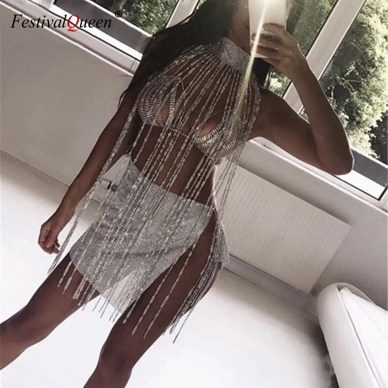 Women Sexy Rhinestone Nightclub Mini Dress Choker Halter Gold Silver Tassel Diamond Chain See Through Hollow Out Mini Dress