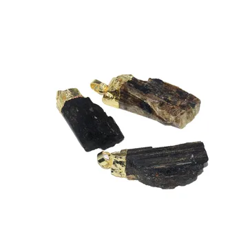 

Free Shipping Big Black Natural raw tourmaline gold point pendant for choker necklace rough long stone druzy pendant for women