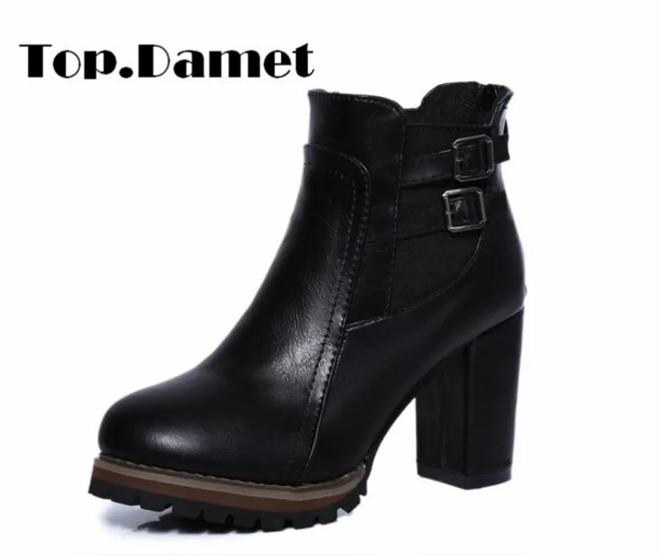 

Top.Damet Women Short Boots Spring Autumn Winter Solid Color High Chunky Heel Round Toe Ankle Boot Ladies Shoes Plus Size