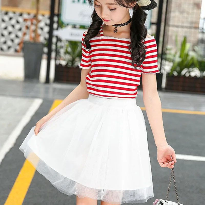 teenage girl clothing sets summer 2018 striped toddler kids girls clothes set korean 8 10 12 years tops mesh skirts 2 pcs outfit