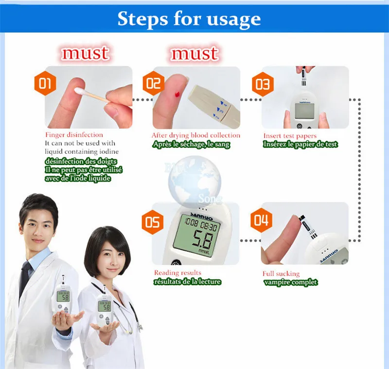Подлинная SANNUO тест-полоски для определения уровня глюкозы в крови с иглой для сбора крови 50 шт.+ 50 шт. прибор для измерения уровня глюкозы в крови