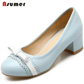 

Asumer Fashion sweet women pumps round toe PU med heels shoes woman wedding party four seasons single shoes big size 34-43