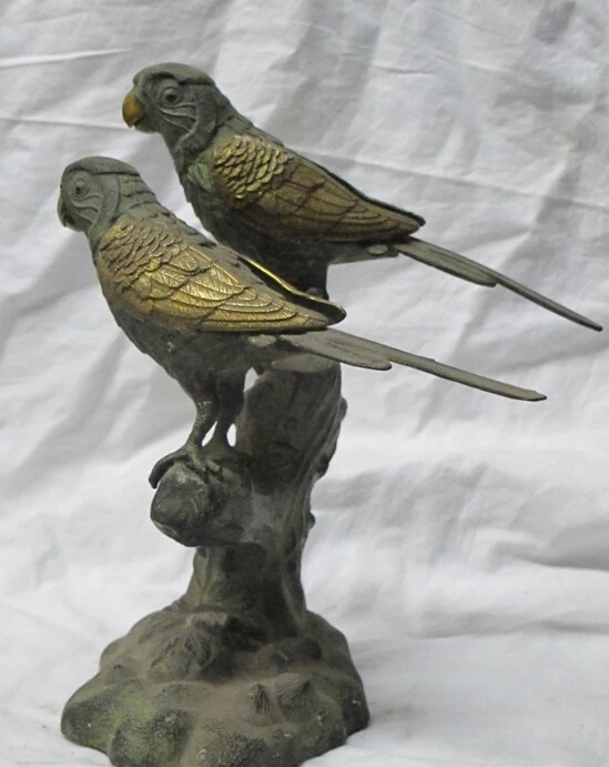 

9.5"China handwork sculpture bronze statue Habitat branch tree Bird pair parrot