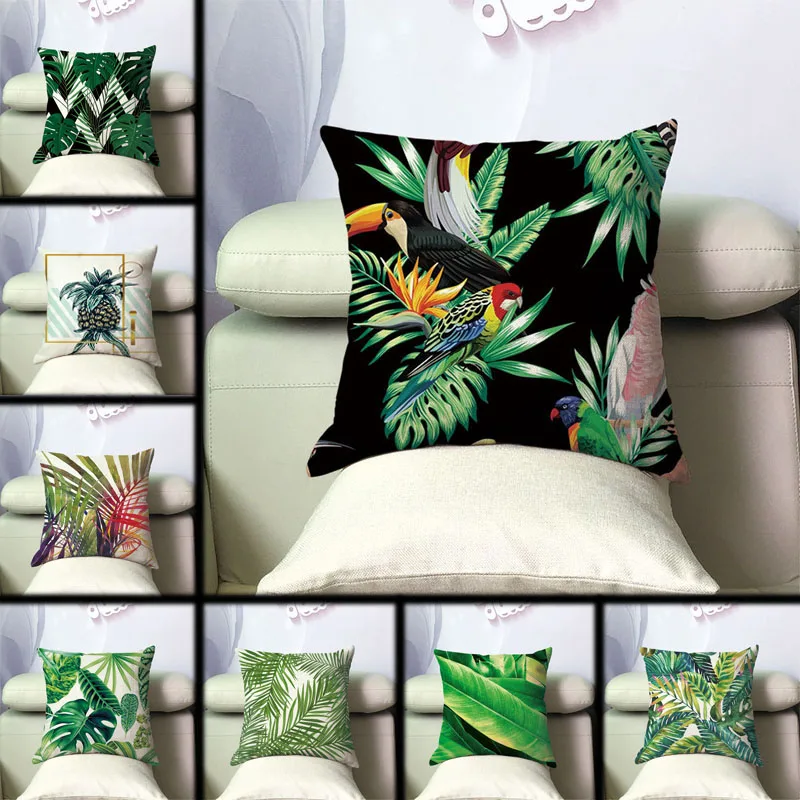 

mling 1pcs 45x45cm Tropical Green Plant Decorative Pillow Flax Sofa Cushion Waist Pillow Cover Decorative Cushion Cover