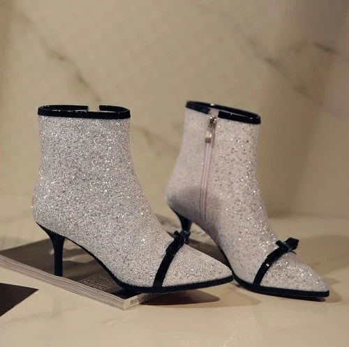

Chic Women Ankle Boots Genuine Leather Sequins Bling Pointed Toe Stilettos Shoes Bowknot Silver Black White Colorful H30
