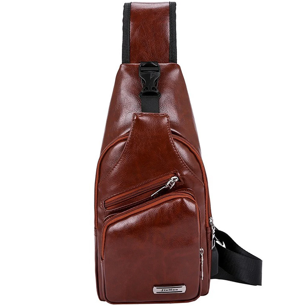 Men PU Leather Sling Chest Pack Crossbody Sport Shoulder Bag+ USB Charging Port Portable travel Bags