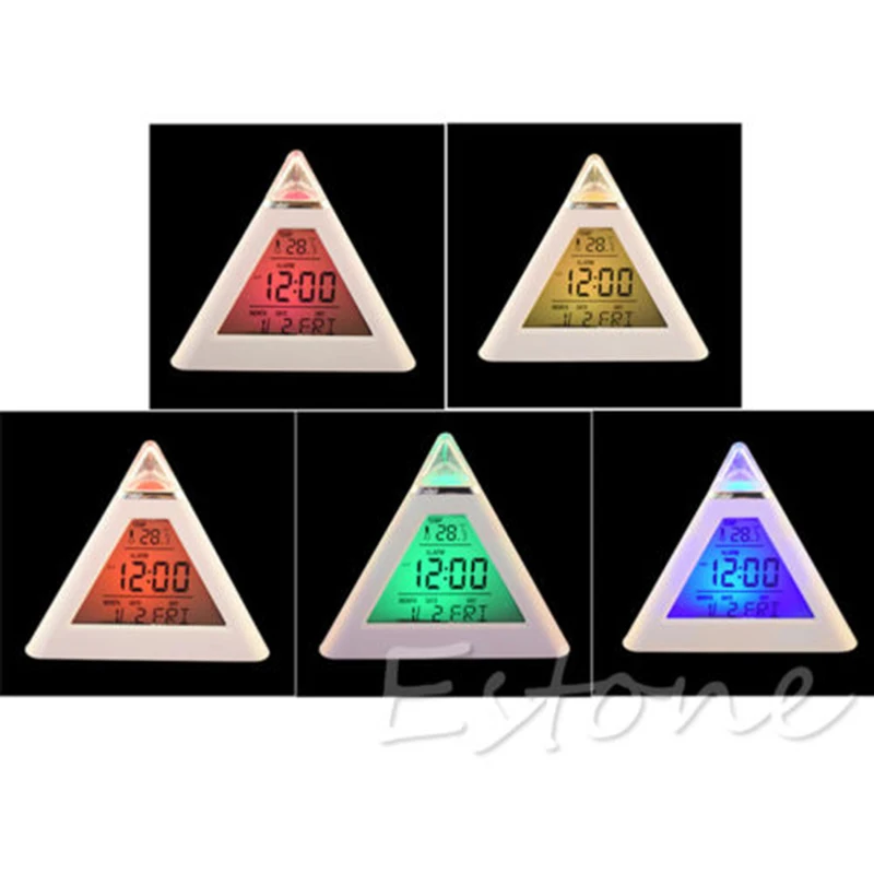 

big sale New 7 Color LED Color Changing Digital Pyramid Thermometer Alarm Clock