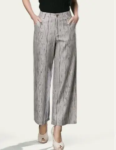 capris pants ankle blend waist linen leg length cotton wide plus