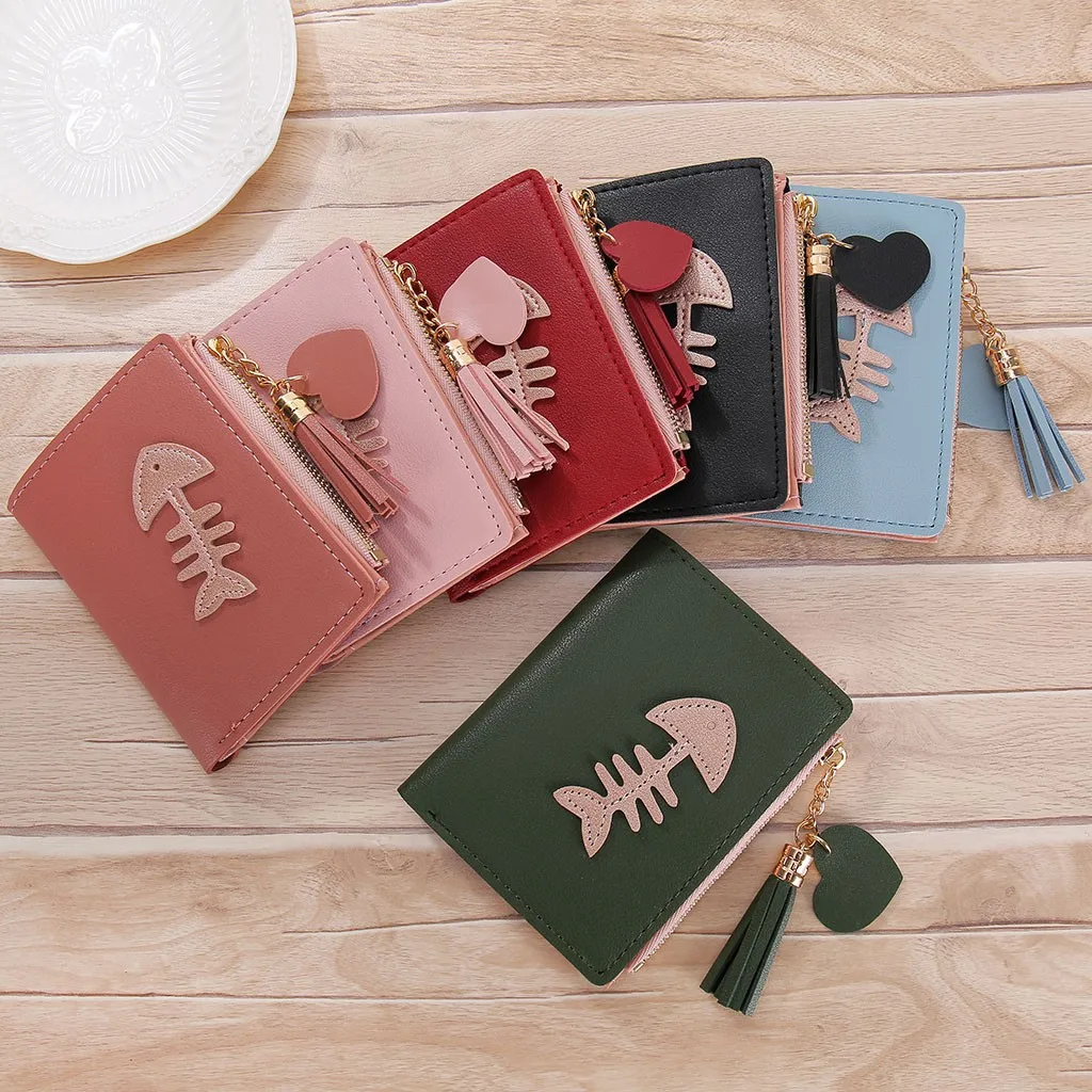 

Women Ladies Simple Fish Bone Tassel Fringe Heart Small Wallet Pocket Coin Purse