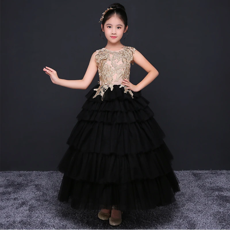

Royal Black Ball Gown Princess Dress Summer 2018 Girls Wedding Dresses Flower Girl Dress Lace Evening Party Costumes D209