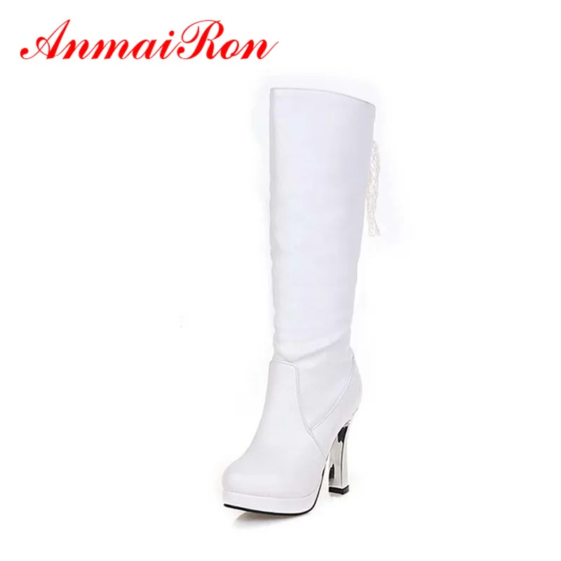 

ANMAIRON High Heels Lace-up New White Shoes Woman Round Toe Winter Fashion Boots Large Size 34-43 Mid-calf Boots PU Shoes