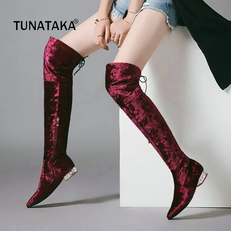 

Velvet Comfort Low Heel Side Zipper Woman Over The Knee Boots Fashion Pointed Toe Stretch Boots Woman Thigh Boots Black