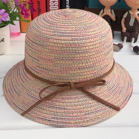 [DINGDNSHOW] модная Солнцезащитная шляпа для взрослых, Винтажная летняя шляпа с широкими полями, женская элегантная соломенная шляпа, полосатая пляжная шапка - Цвет: pink adult
