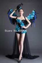 Blue Wing Rose Flower Bodysuit Dresses Girl Party Dress Female Singer Stage Show Lady Prom Outfit Costume Nightclub Clothing Set