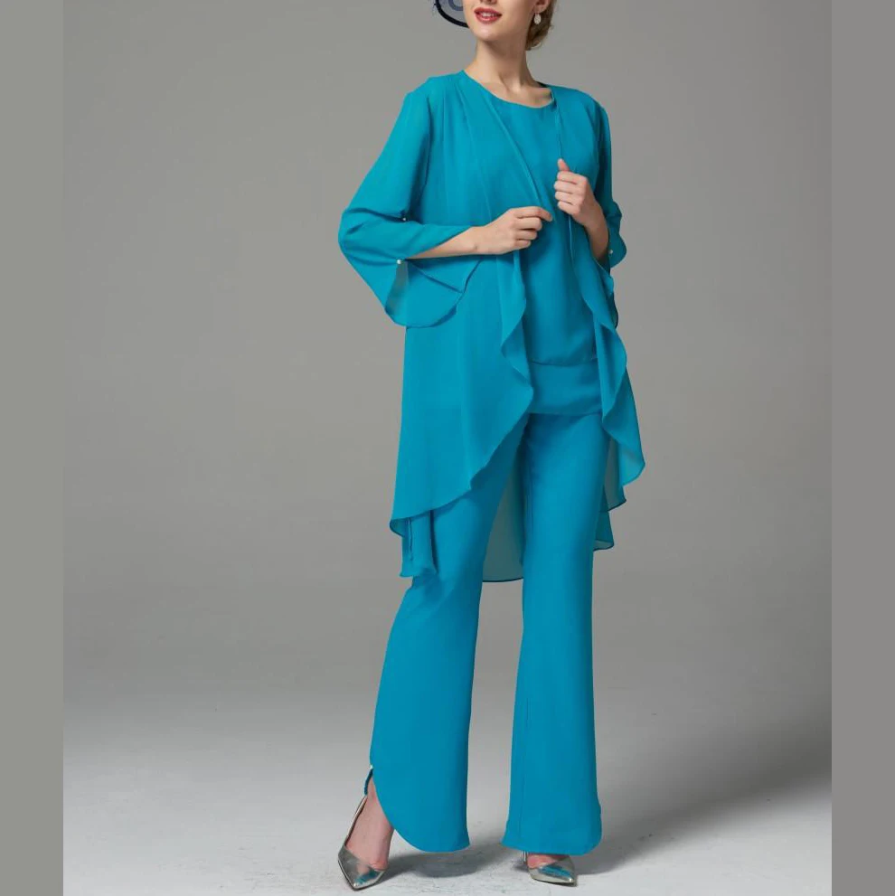 

2019 New Blue Elegant Mother Of The Bride Dress Plus Size 3 Pieces Suits Set Jacket With Pants Robe Mere De La Mariee