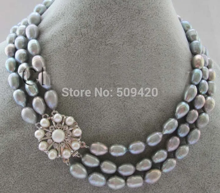 

~~ Free Shipping >>17-19" 3row 10-12mm gray rice shape freshwater pearl necklace - white pearl clas