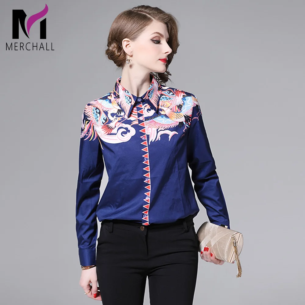 

Merchall Women Autumn Design Runway Shirt Blouse Long Sleeves Retro Print Tops Fashion Turn Down Collar OL Style Vintage MC3158