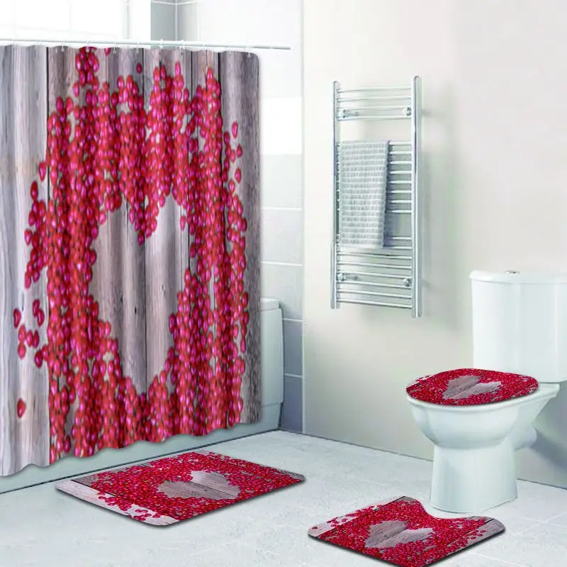 2019 Love Heart Shower Curtain With Bath Mat Set Bathroom Floor