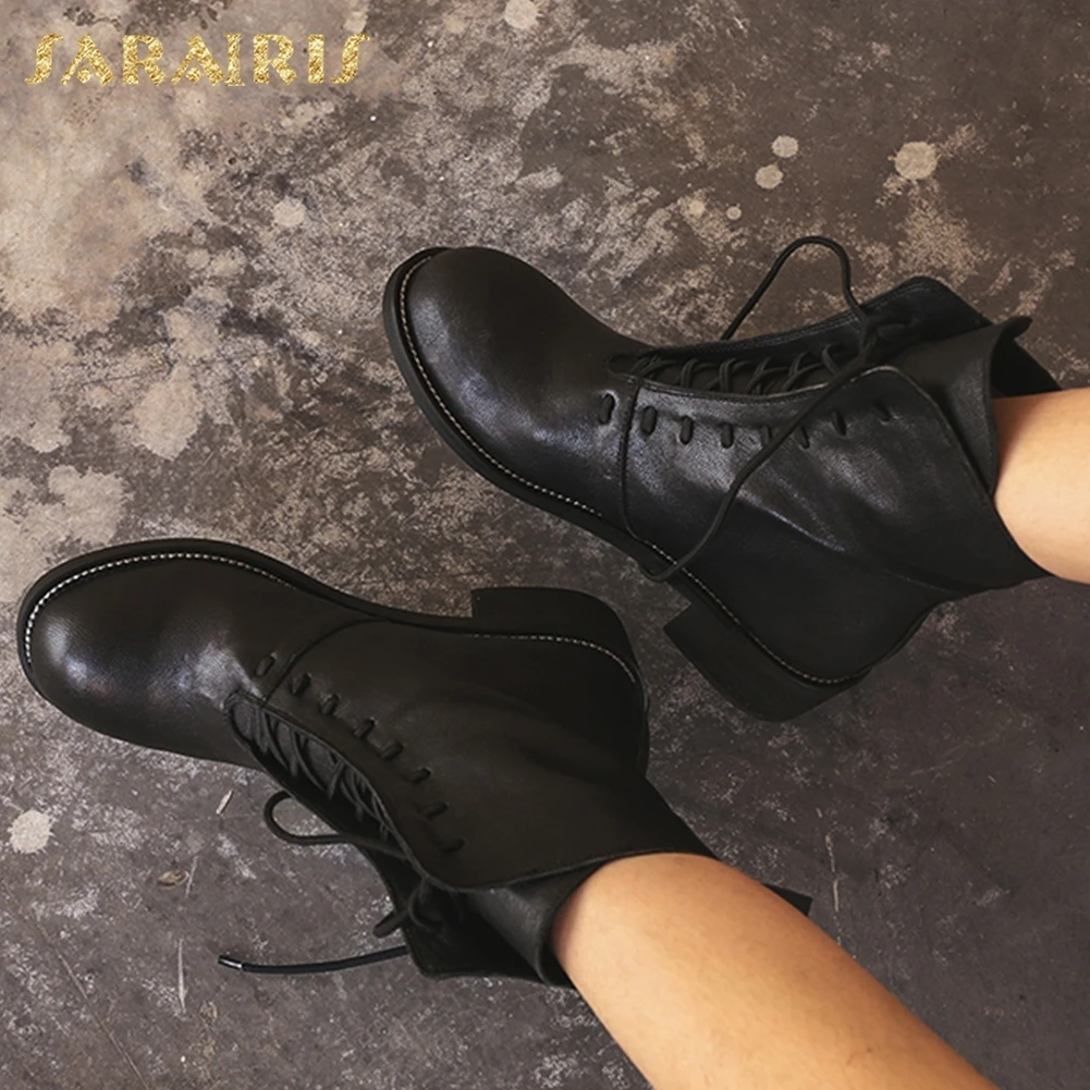 

SARAIRIS New Sheepskin Wholesale Ankle Boots Woman Shoes Lace Up Hot Sale Chunky Heels Shoes Woman Boots Size 34-40
