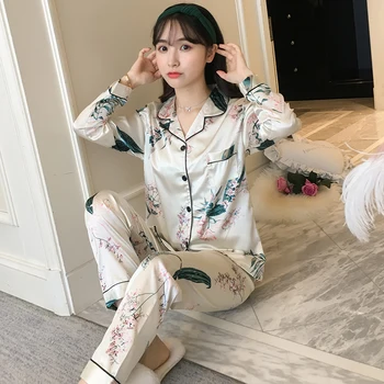 

Plus Size Silk Satin Pajamas Sets for Women Spring Autumn Long Sleeve Floral Print Pyjama Sleepwear Lounge Homewear Pijama Mujer