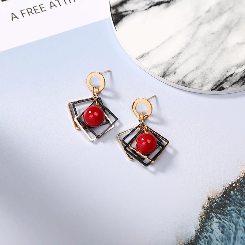 

Stylish Black and Gold Hollow Squares Red Beads Pendant Drop Earrings For Women Girls Geometric Earrings Ear Jewelry