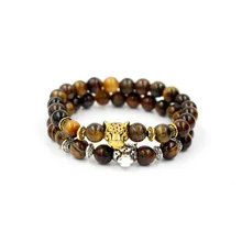 Drop Shipping Fashion Gold Color Leopard Head Charm Buddha Bracelet Tiger Eye Stone Bead Men Womens